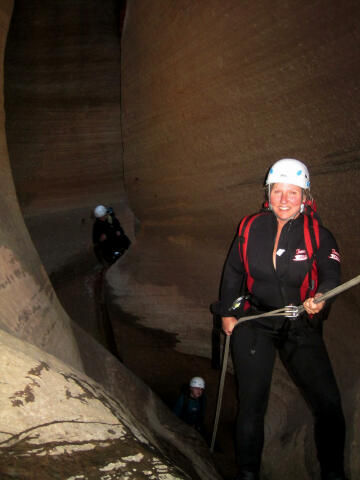 Shauna rappeling in Keyhole Canyon.